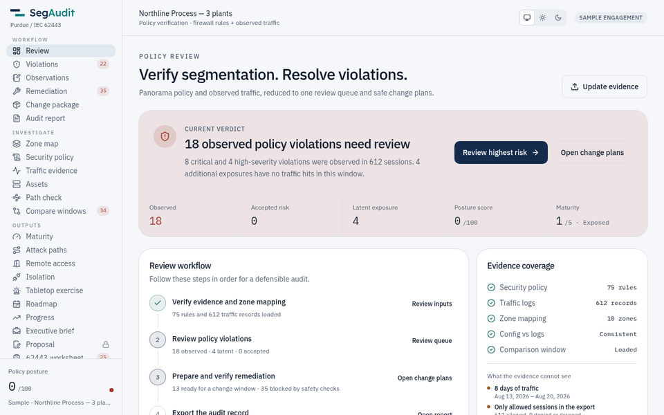 SegAudit open in the browser on the Northline Process sample