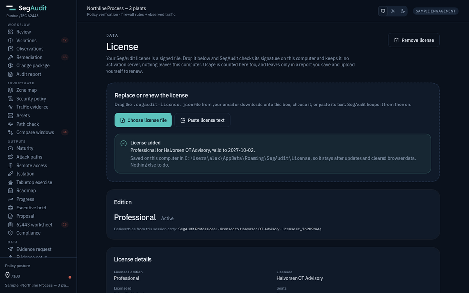License page showing License added, with the folder it was saved in