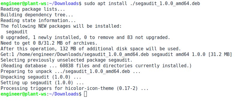Terminal showing sudo apt install of the SegAudit package