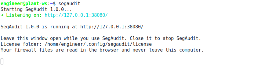 Terminal showing SegAudit running at http://127.0.0.1:38080