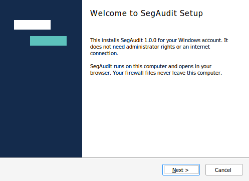 SegAudit Setup welcome page with the Next button