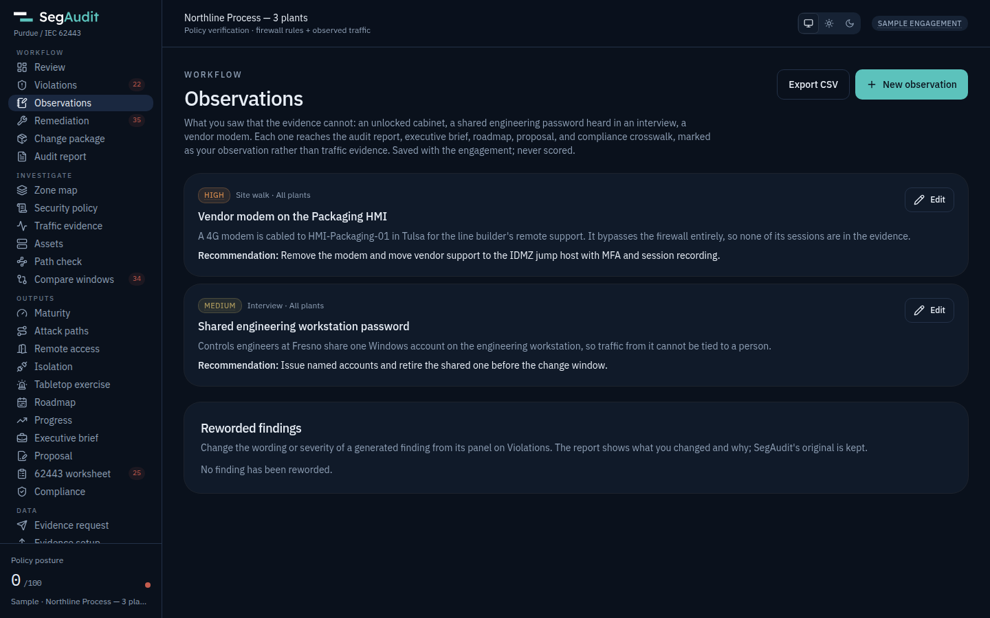 Observations page with a vendor modem found on a site walk and a shared password from an interview