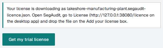Trial form message saying the license is downloading